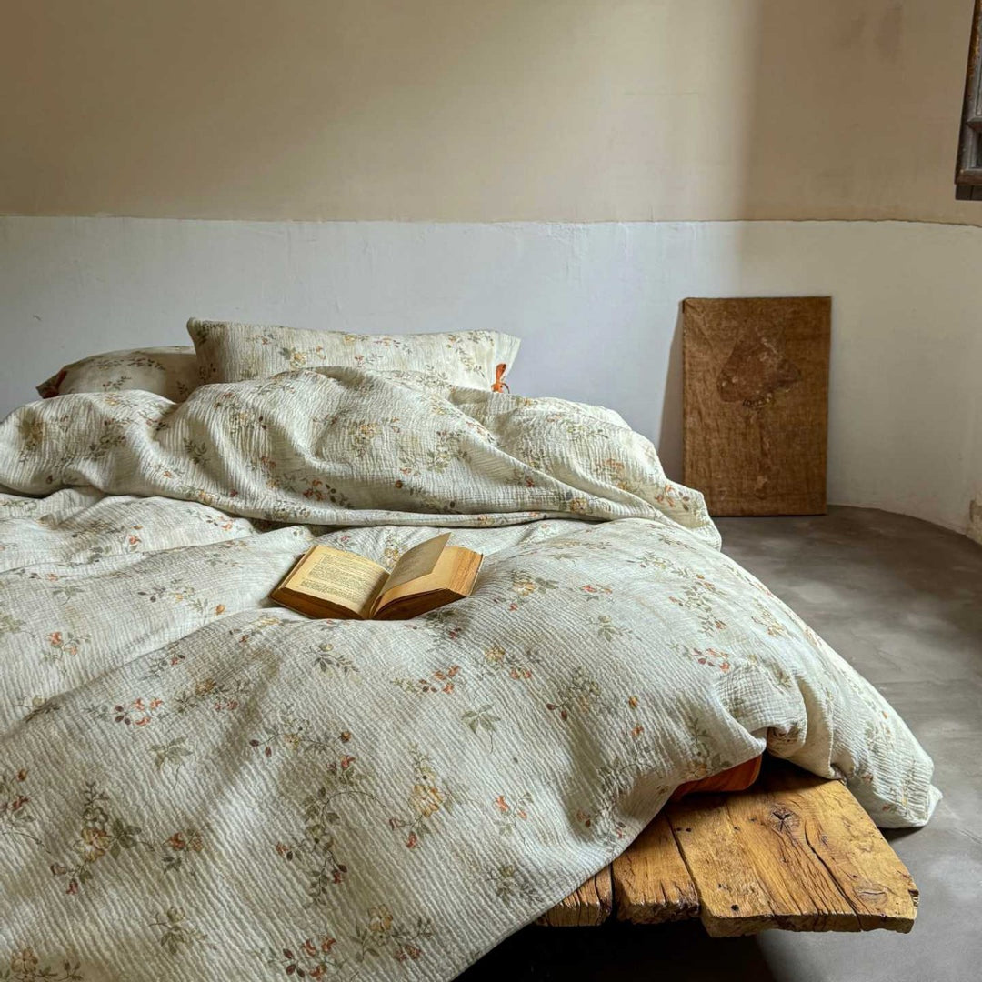 Natural cotton-linen duvet cover set with a crinkled linen look and floral tone-on-tone pattern