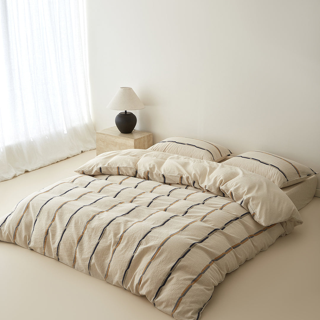Stonewashed Cotton Linen-Blend Duvet Cover Set with Pastel Stripe Detail