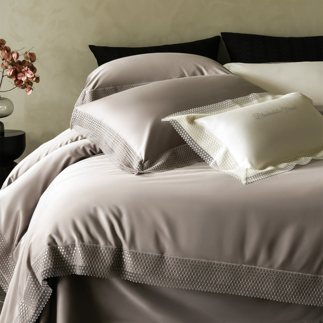 Silky Sateen Duvet Cover and Euro Sham Set with Geometric Lace Border