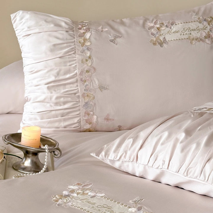 Embroidered Satin-Feel Ruffled Duvet Cover Set with Decorative Pillow Shams