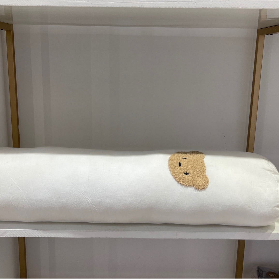 Padded quilt set with embroidered bear appliqués and neck roll