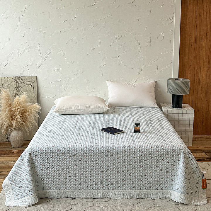 Quilted Bedspread Coverlet with Ruffled Edge and Mini Floral Print