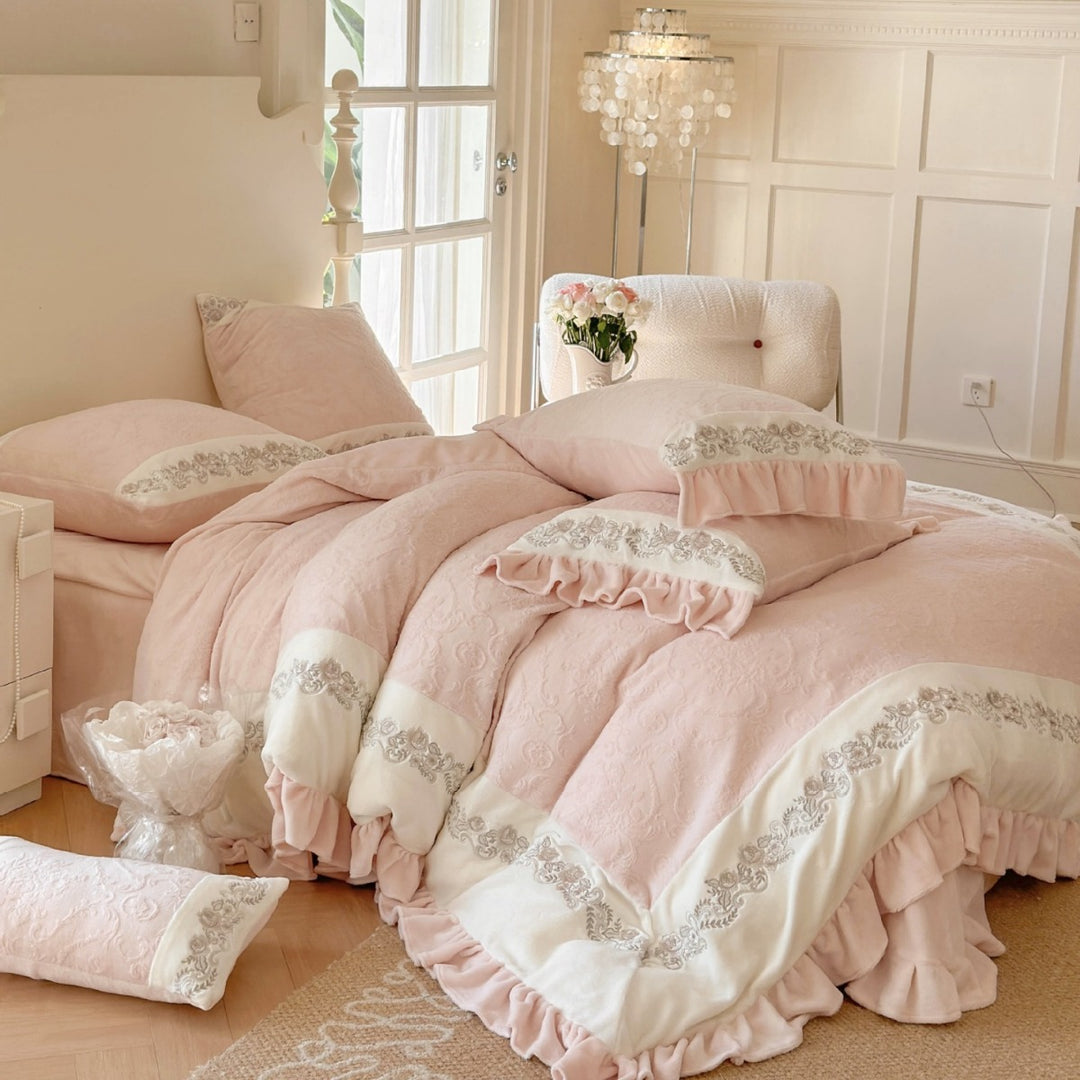 Quilted cotton duvet cover set with ruffle, embroidery border, and decorative quilted texture