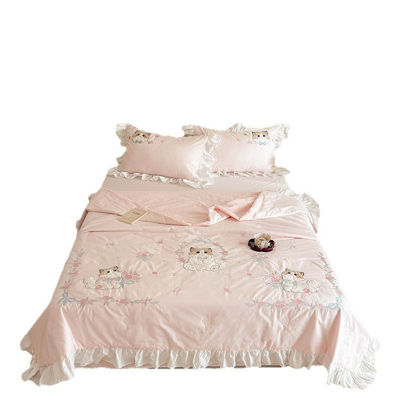 Romantic cotton bedding set with ruffles and embroidered cat motifs