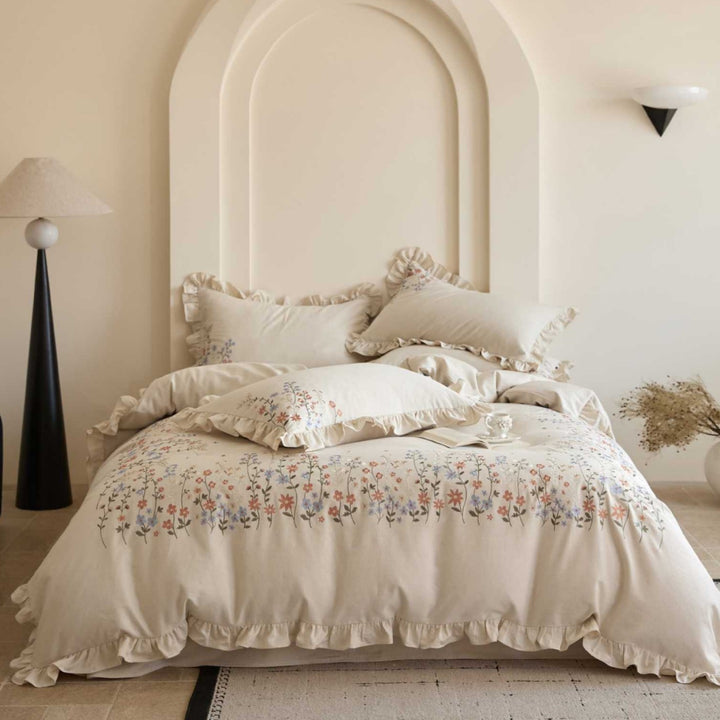 Floral Embroidered Ruffled Duvet Cover Set with Frilled Edge and Pillow Shams