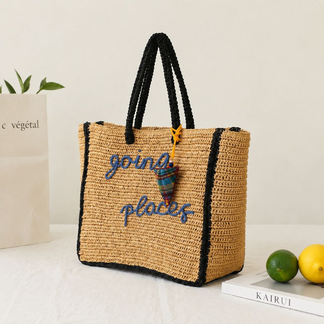 Spacious straw shopping bag with lettering Stornfield