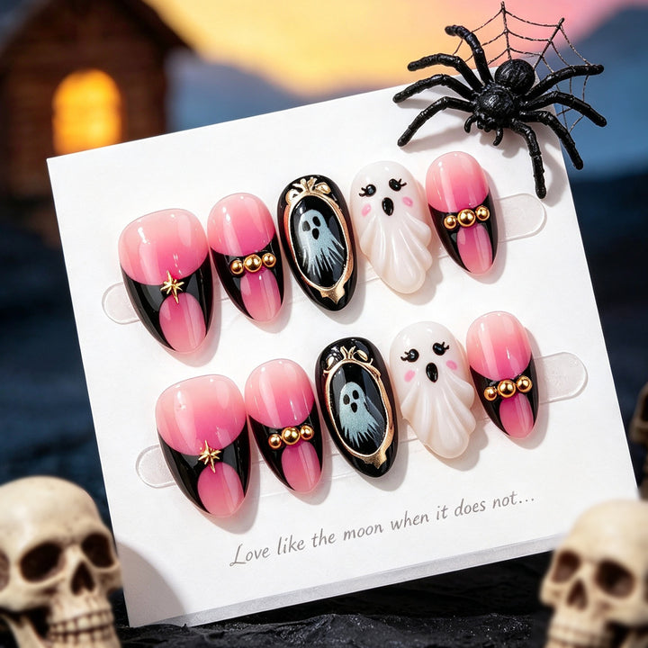 Halloween-Themed Press-On Nail Art Set with Ghost Designs