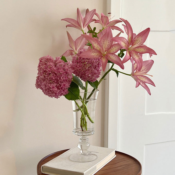 Tall Stemmed Glass Goblet-Style Decorative Vase with Pedestal Base