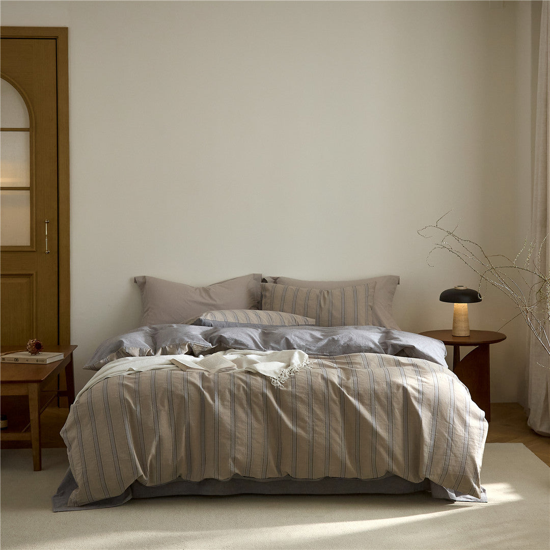Reversible Striped Cotton-Linen Duvet Cover Set with Soft Brushed Backing