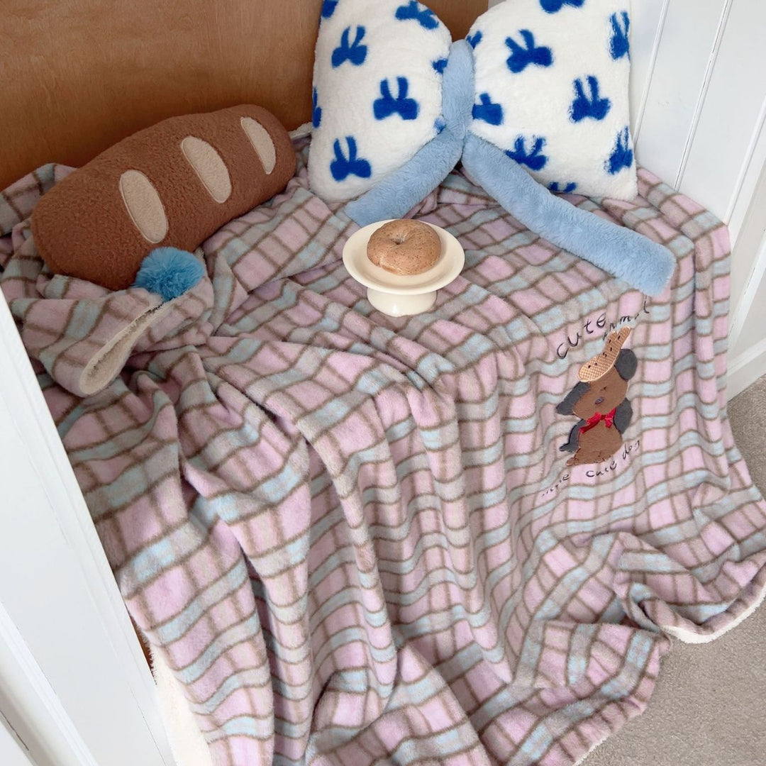 Plush Gingham Check Embroidered Fleece Throw Blanket with Bear Applique