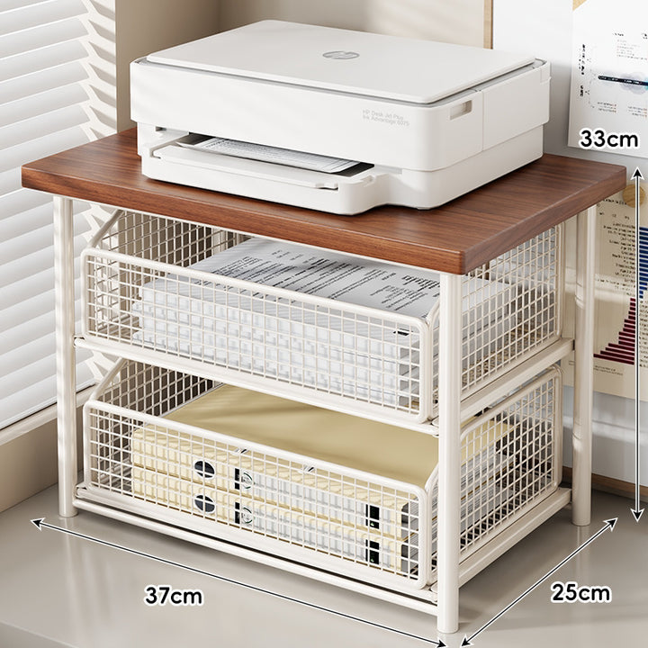 Compact Desktop Printer Stand with Wooden Top and Sliding Mesh Drawer