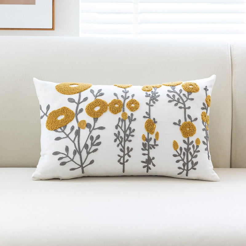 Tufted Floral Embroidered Cotton Throw Pillow Cover with Hidden Zipper