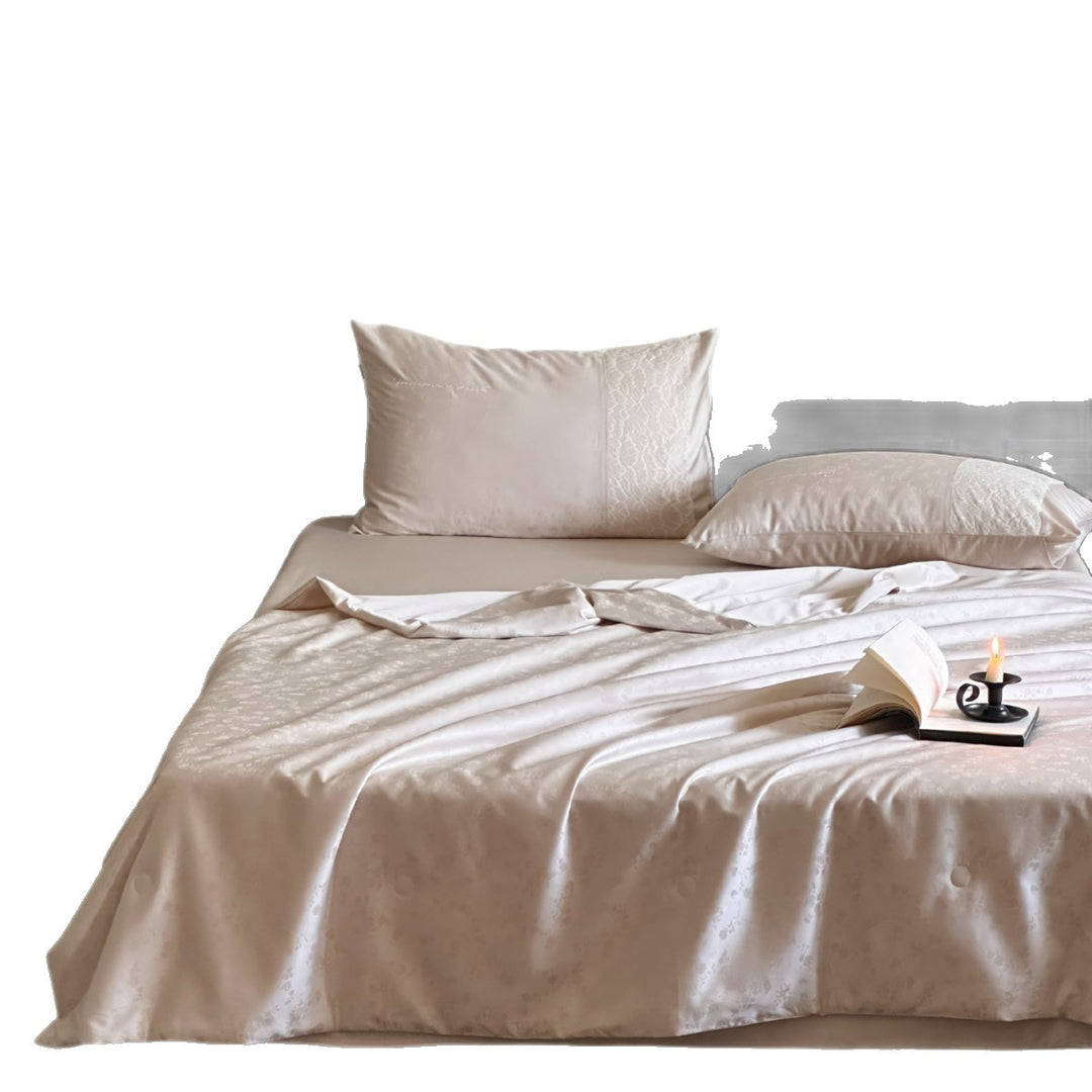 Luxurious satin bedding set with lace appliqué and jacquard pattern