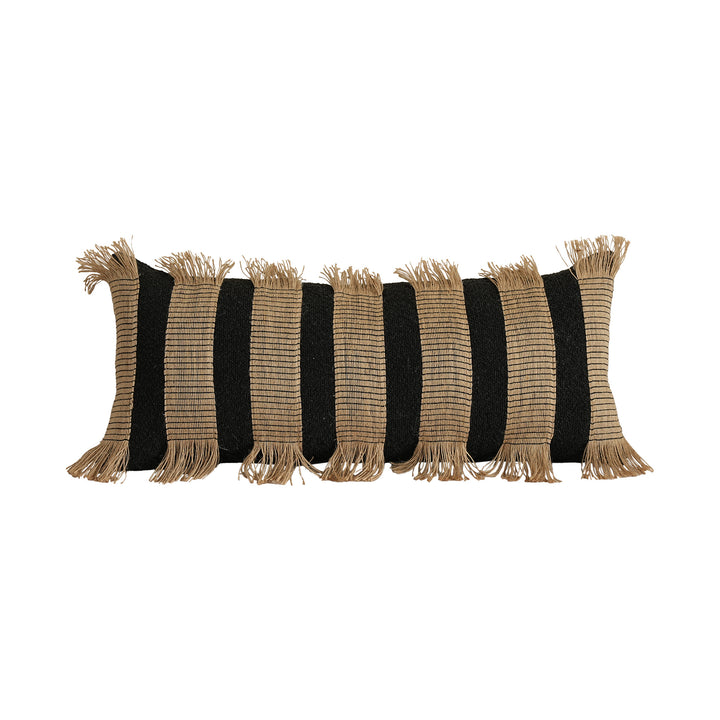 Woven cushion cover with bouclé surface and jute fringes Stornfield