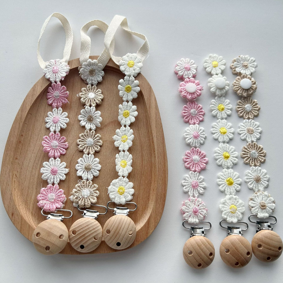 Crochet Floral Pacifier Clip with Wooden Bead Clip