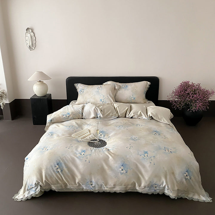 Satin bedding set with butterfly pattern and lace edge