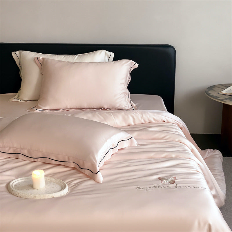 Elegant Satin Bedding Set with Fine Piping and Embroidered Butterfly