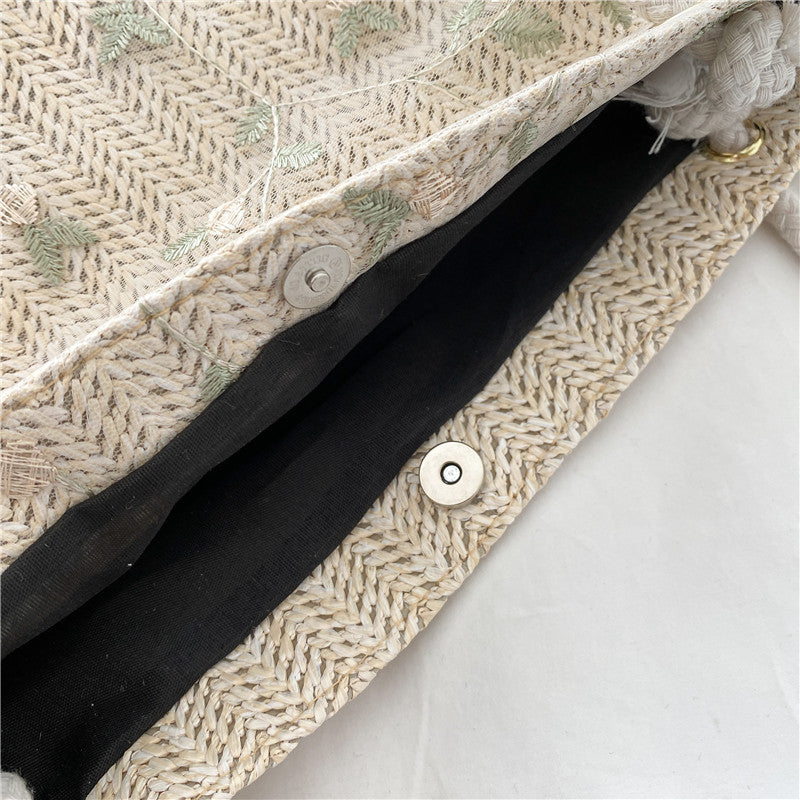 Woven Straw Beach Tote Bag with Decorative Ribbon