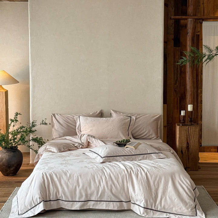 Premium bedding set made of breathable cotton blend with contrasting piping