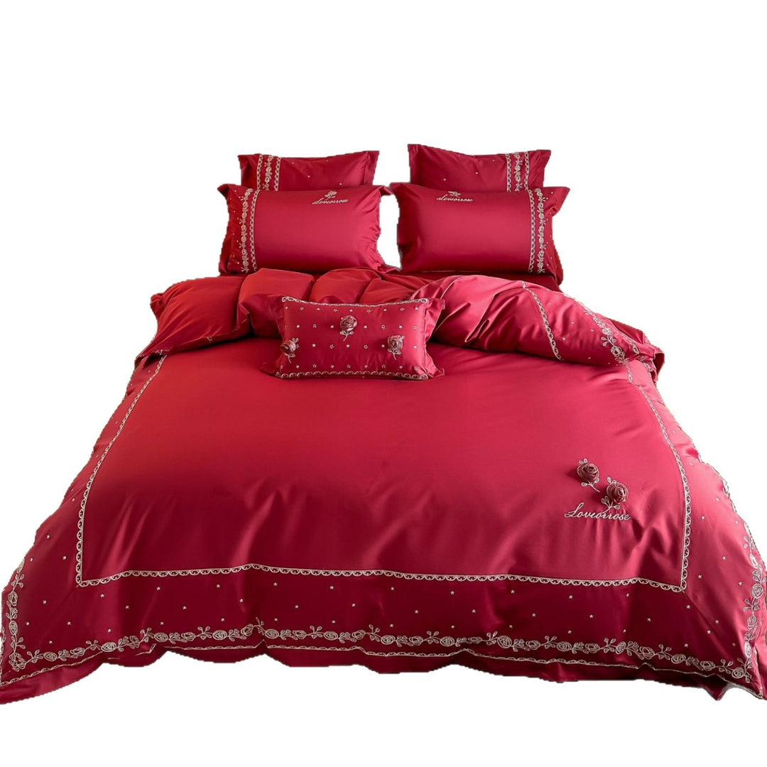 Embroidered duvet cover set made of cotton satin with 3D rose appliqués and decorative border