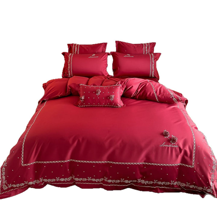 Embroidered duvet cover set made of cotton satin with 3D rose appliqués and decorative border