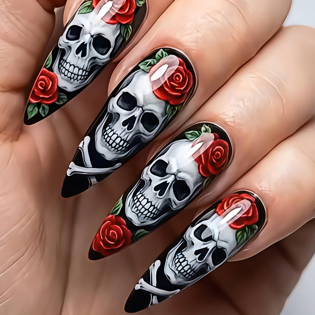 Artificial nails with creative skull and rose design Stornfield