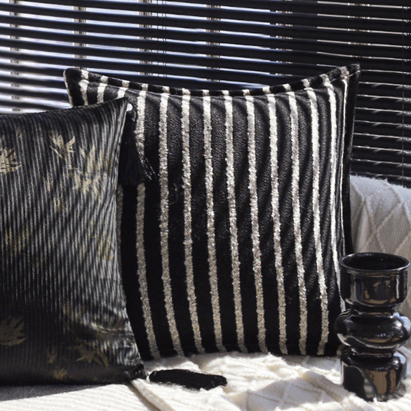 Square decorative cushion made of velvet with relief longitudinal stripes and fringe tassel Stornfield