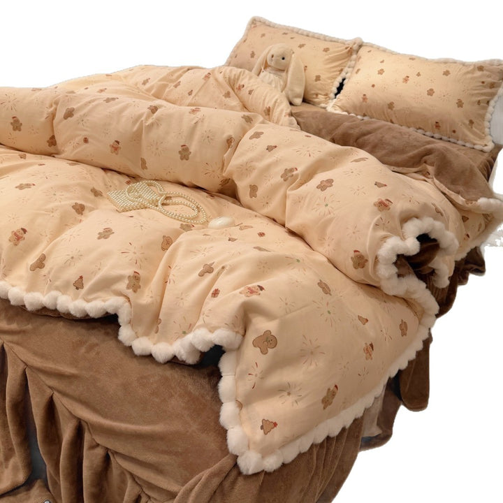 Reversible Sherpa-Back Duvet Cover Set with Gingerbread Print and Pom-Pom Trim