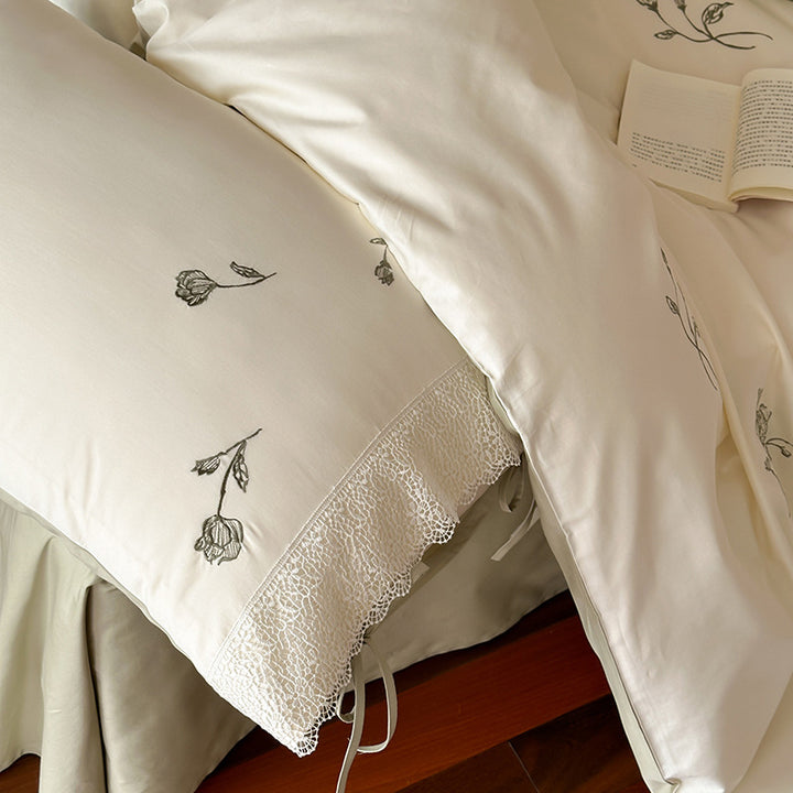Embroidered Cotton Sateen Duvet Cover and Pillowcase Set with Lace Trim