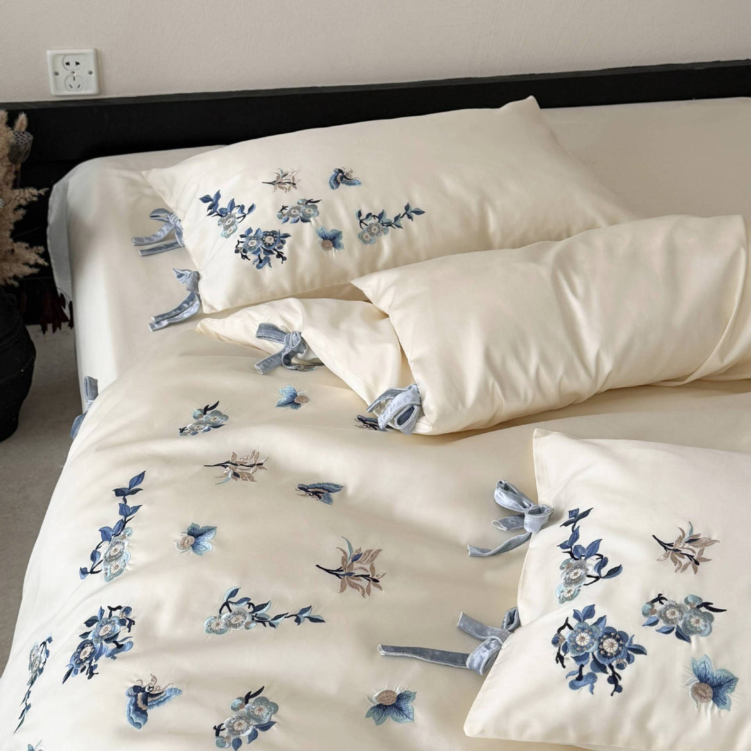 Embroidered Floral Cotton Sateen Duvet Cover Set with Velvet Tie Closures