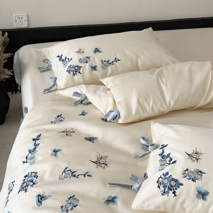 Embroidered Floral Cotton Sateen Duvet Cover Set with Velvet Tie Closures