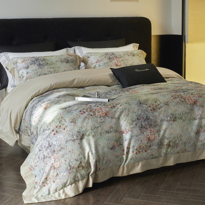 Reversible Watercolor Floral Sateen Duvet Cover Set with Satin Trim