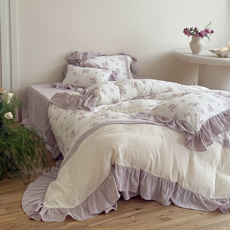 Romantic cotton gauze bed linen set with ruffle and vintage rose print
