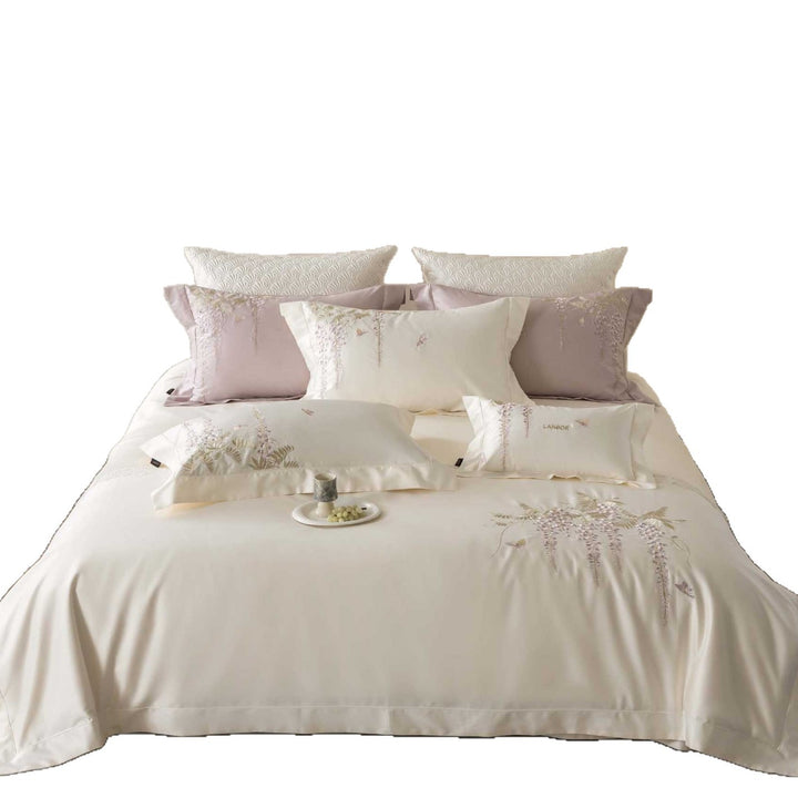 Satin bedding set with wisteria embroidery and fine piping