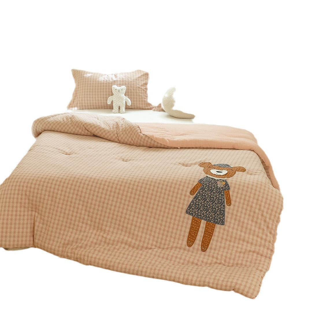 Children's Quilted Gingham Duvet Cover Set with Appliqué Bear Motif