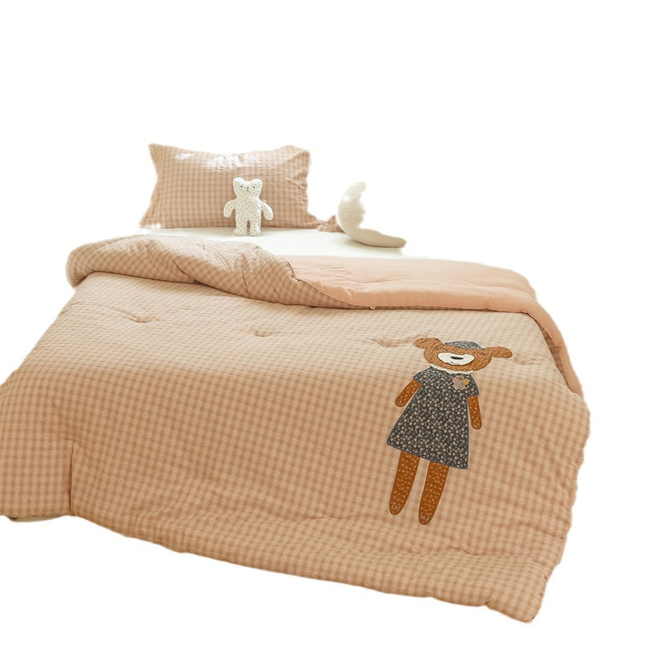 Children's Quilted Gingham Duvet Cover Set with Appliqué Bear Motif