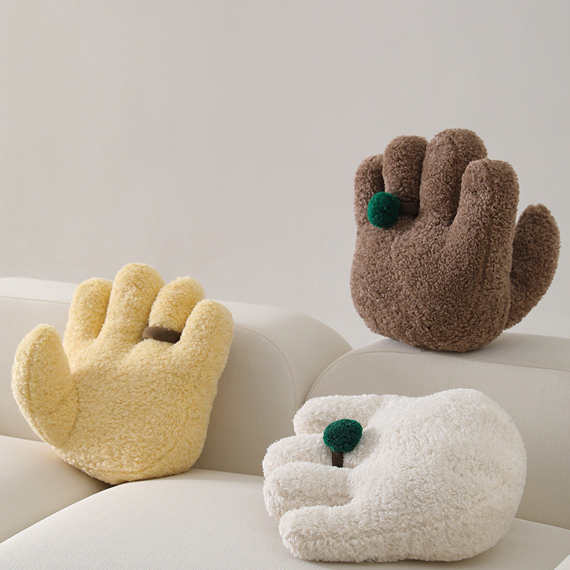 Plush decorative pillow in hand shape with pompon application Stornfield
