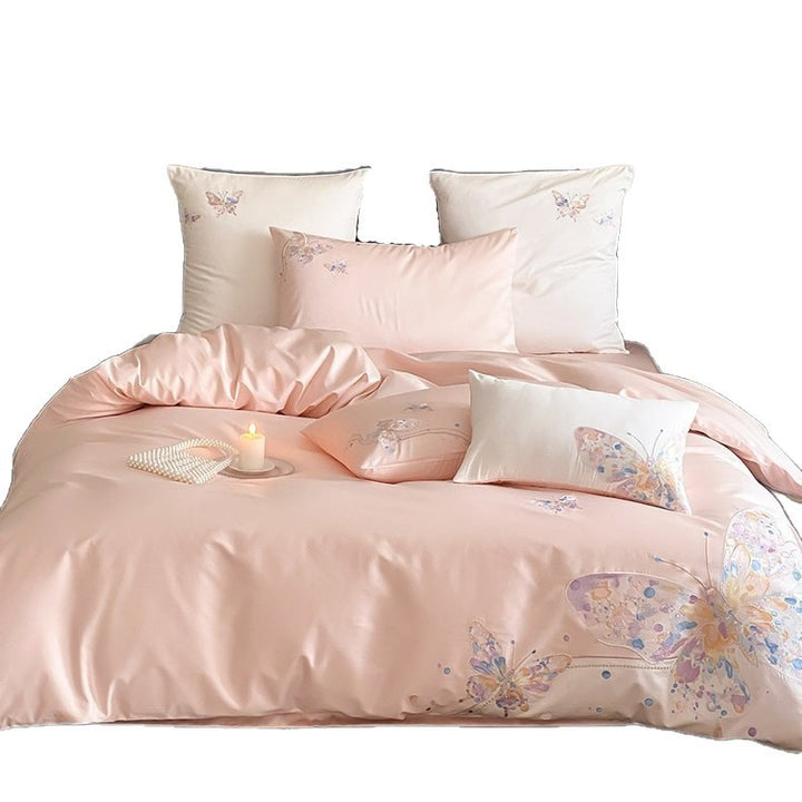 Satin-Feel Butterfly Embroidered Duvet Cover Bedding Set