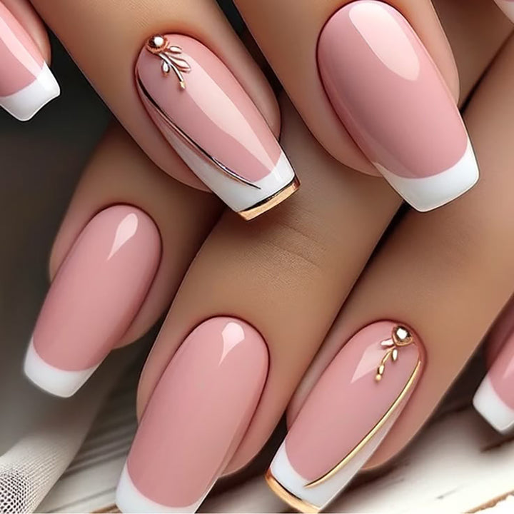 Elegant Almond-Shaped Press-On Nails with Floral Accents Stornfield