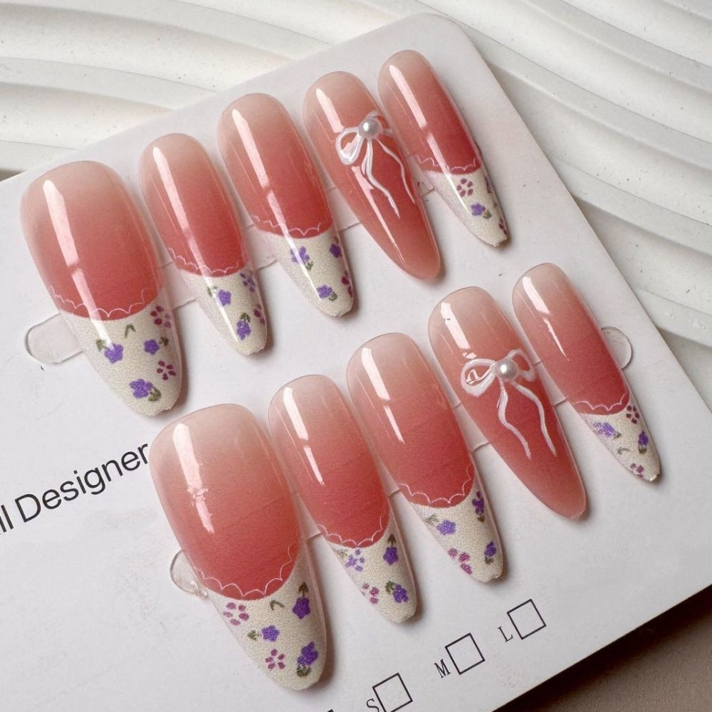 Elegant Press-On Nail Set with Floral and Bow Design Stornfield