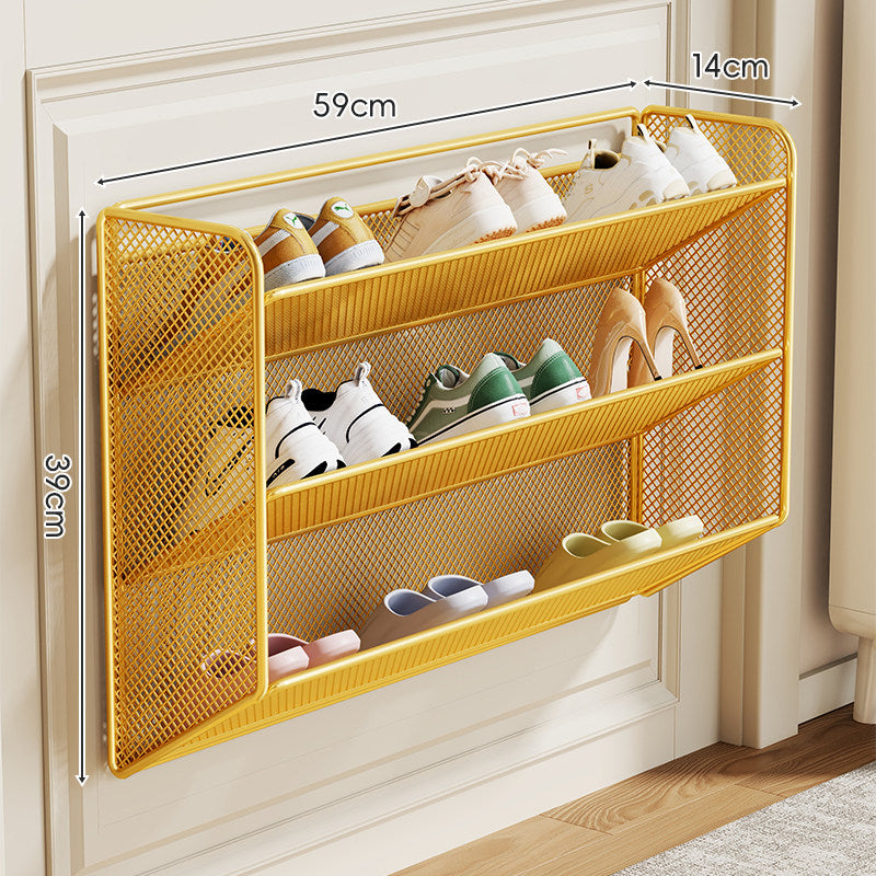 Wall-Mounted Fold-Down Mesh Shoe Shelf Organizer for Slim Entryways