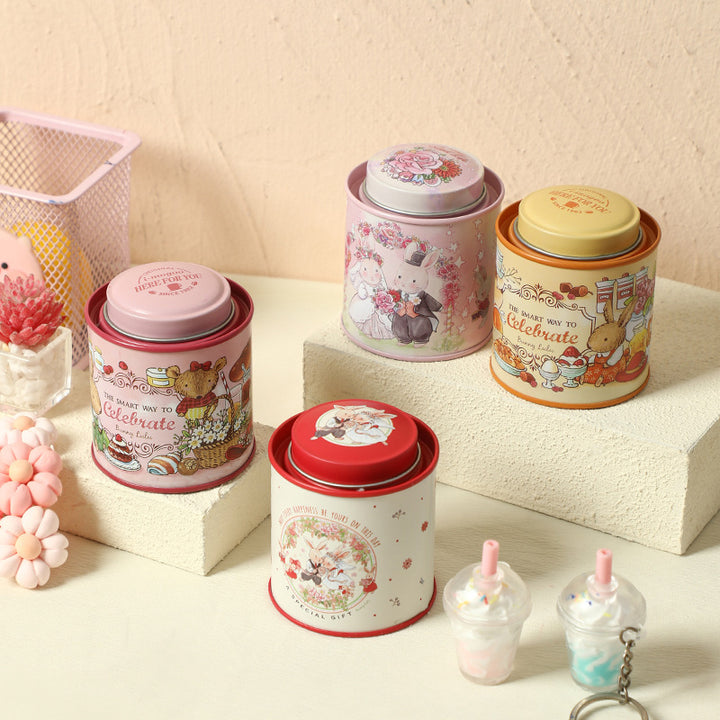 Decorative Tin Storage Canister with Illustrated Wedding Bunny Couple