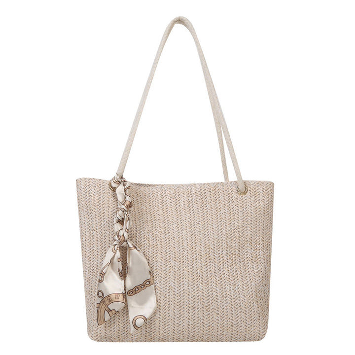 Woven Straw Tote Bag with Decorative Scarf