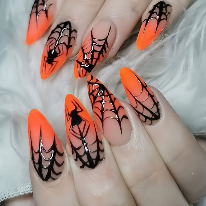 Halloween-Themed Press-On Nail Art Set with Spider Web Designs