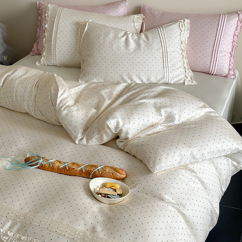 Polka Dot Cotton Sateen Duvet Cover Ensemble with Ruffled Pillow Shams