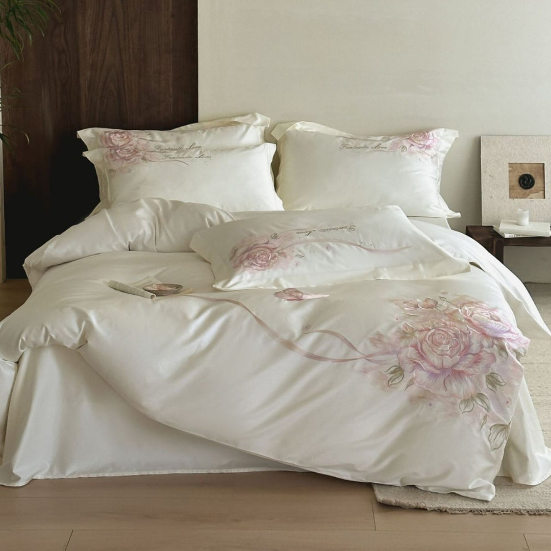 Luxury Silk-Feel Floral Embroidered Duvet Cover & Pillow Sham Set