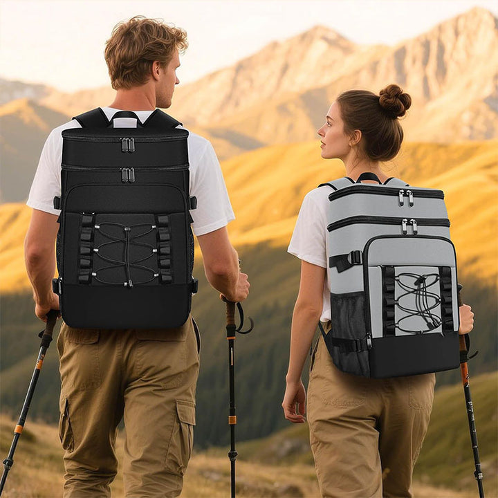 Unisex insulated cooler backpack for picnics and camping with side bottle holders, outer pocket for smartphone and elastic strap Stornfield
