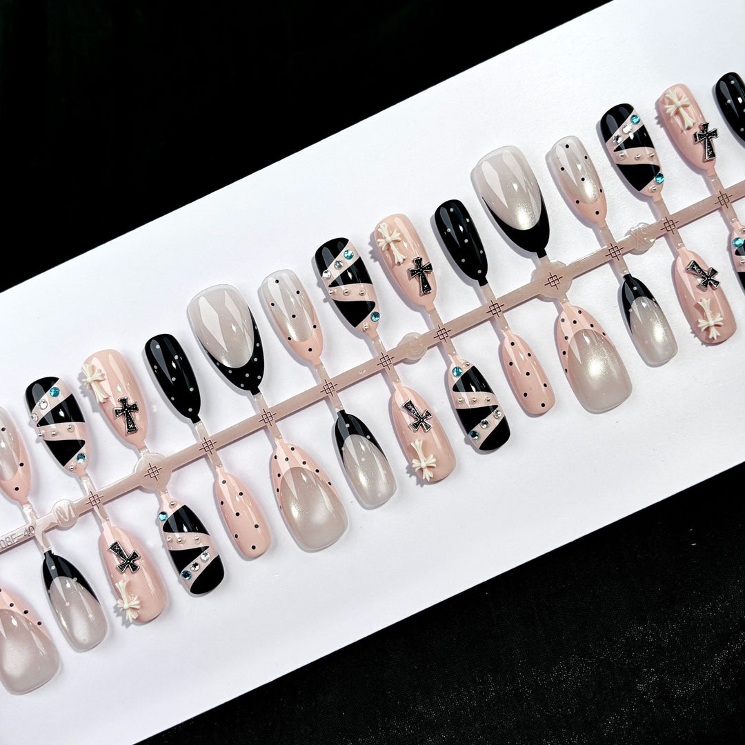Artistic Press-On Nail Set with Decorative Embellishments