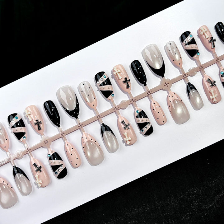 Artistic Press-On Nail Set with Decorative Embellishments