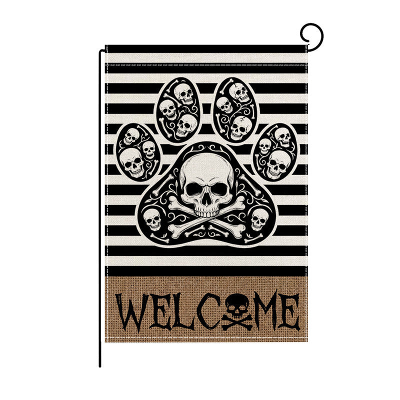 Outdoor Halloween Garden Flag Double-Sided Polyester Yard Banner with Skeleton and Jack-o'-Lantern Illustration